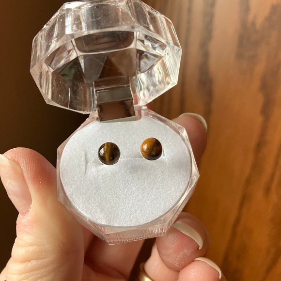 925 Sterling Silver posts Genuine Tiger Eye Earrings 925 Stamped on stem - Picture 6 of 7